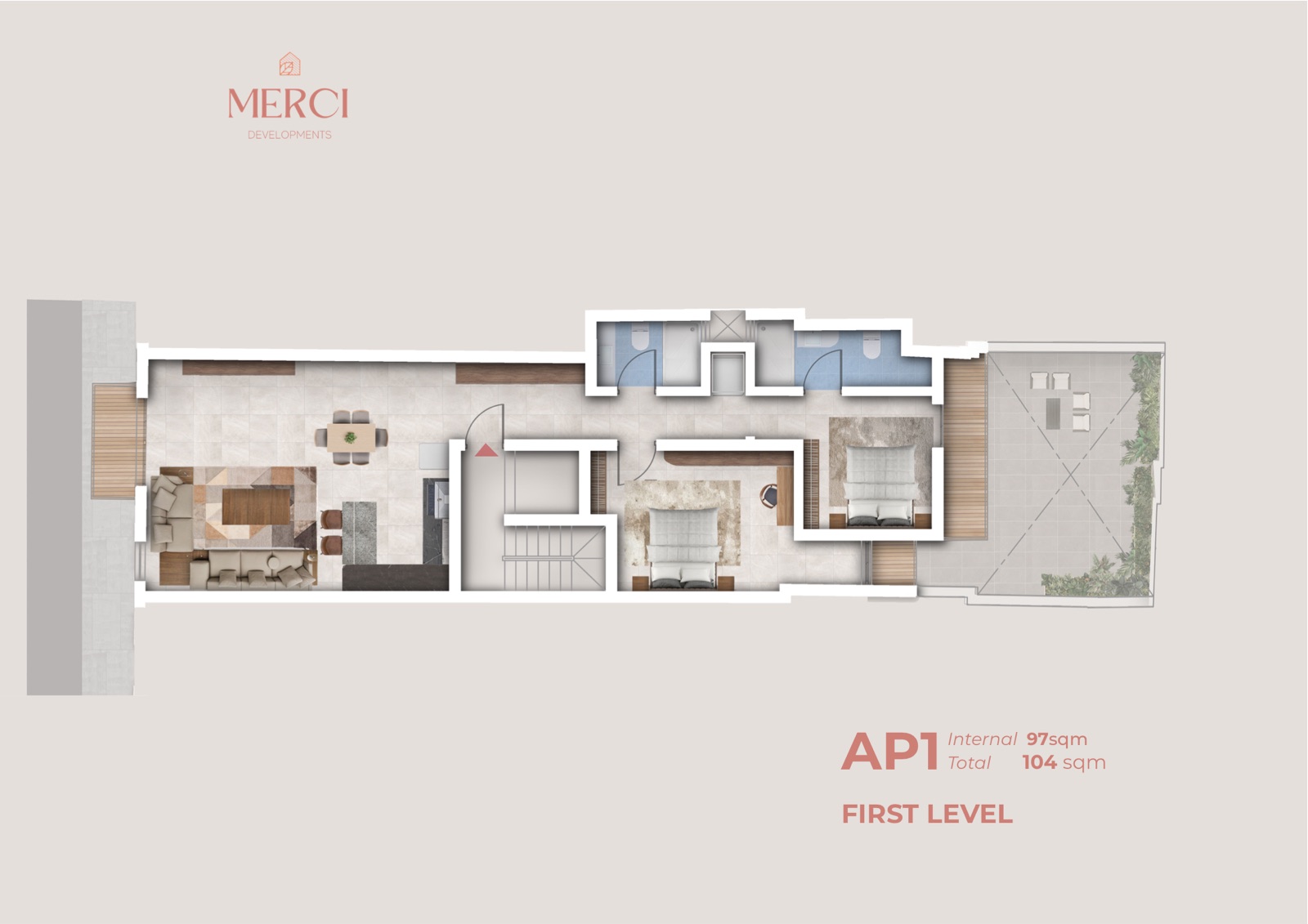 AP1 · First level - 97 m² internal / 104 m² total