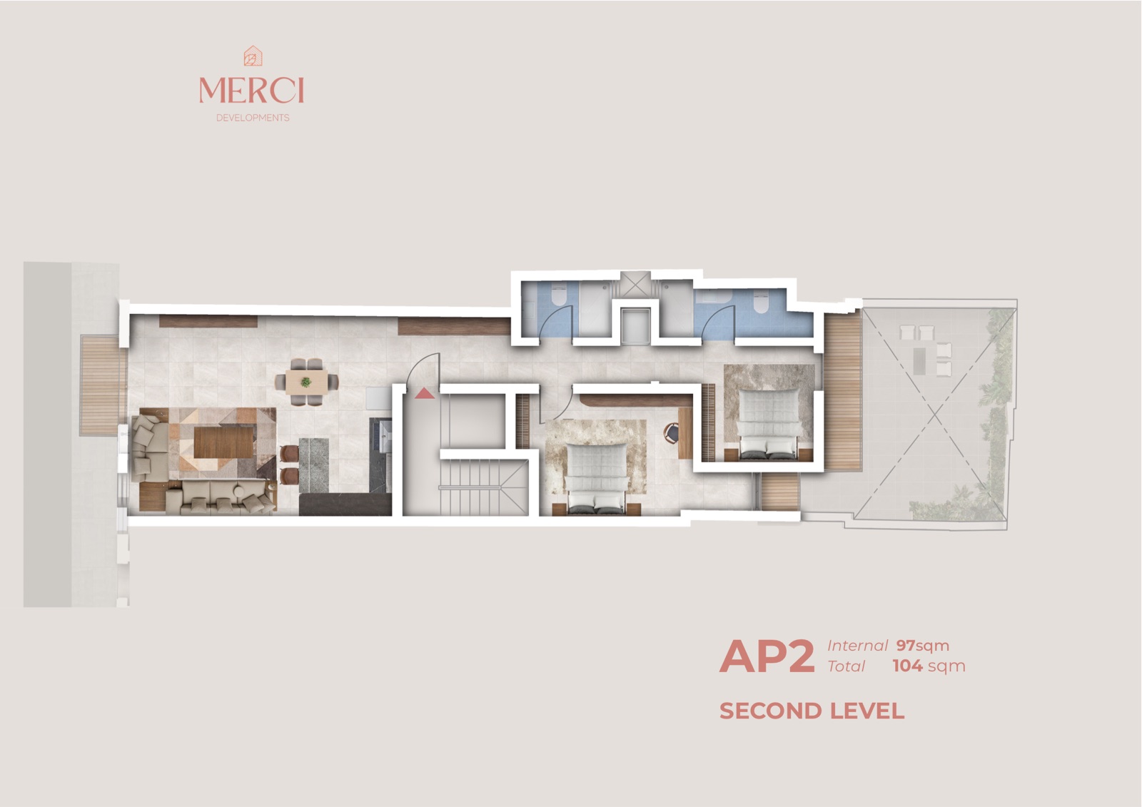 AP2 · Second level - 97 m² internal / 104 m² total