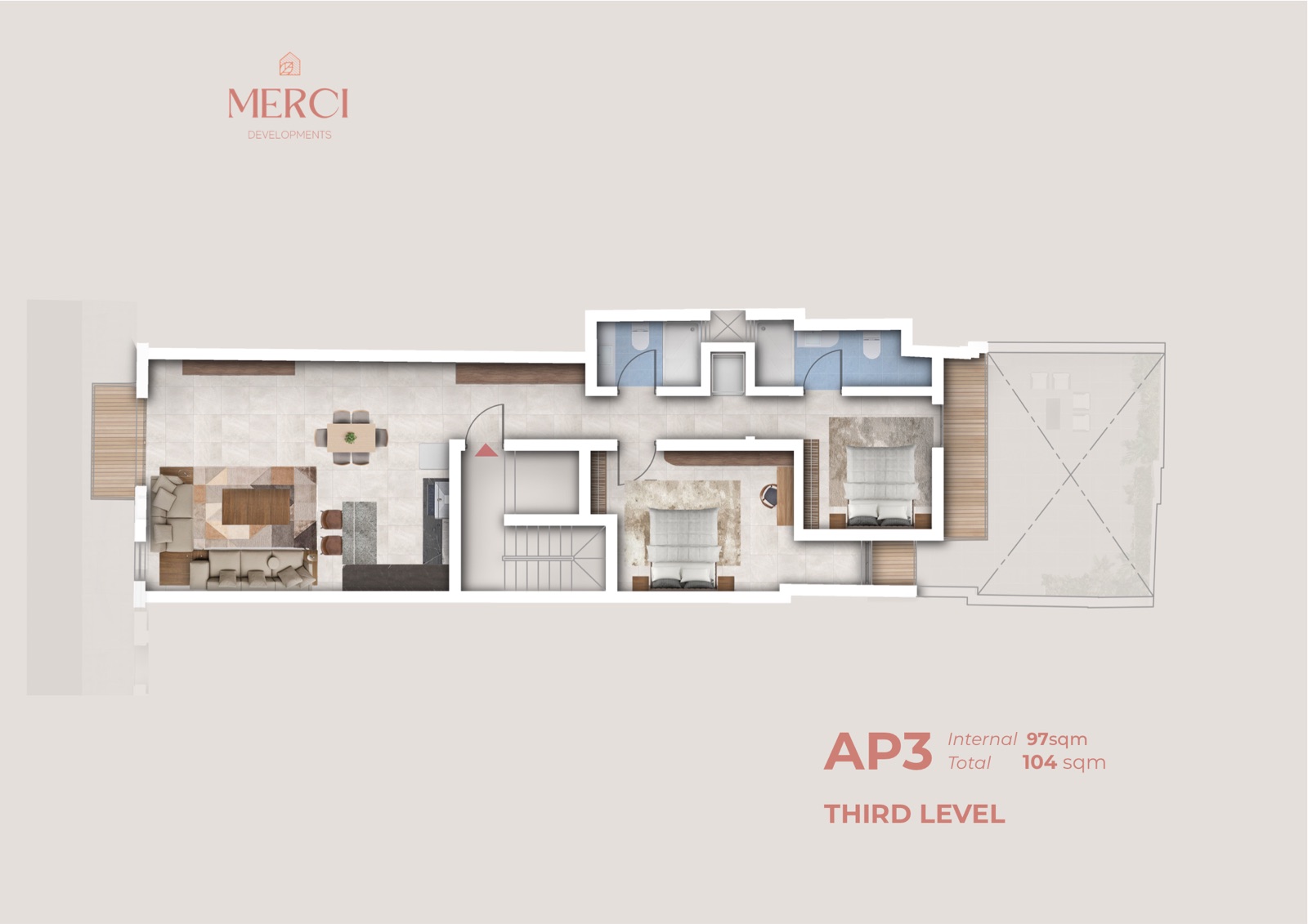 AP3 · Third level - 97 m² internal / 104 m² total