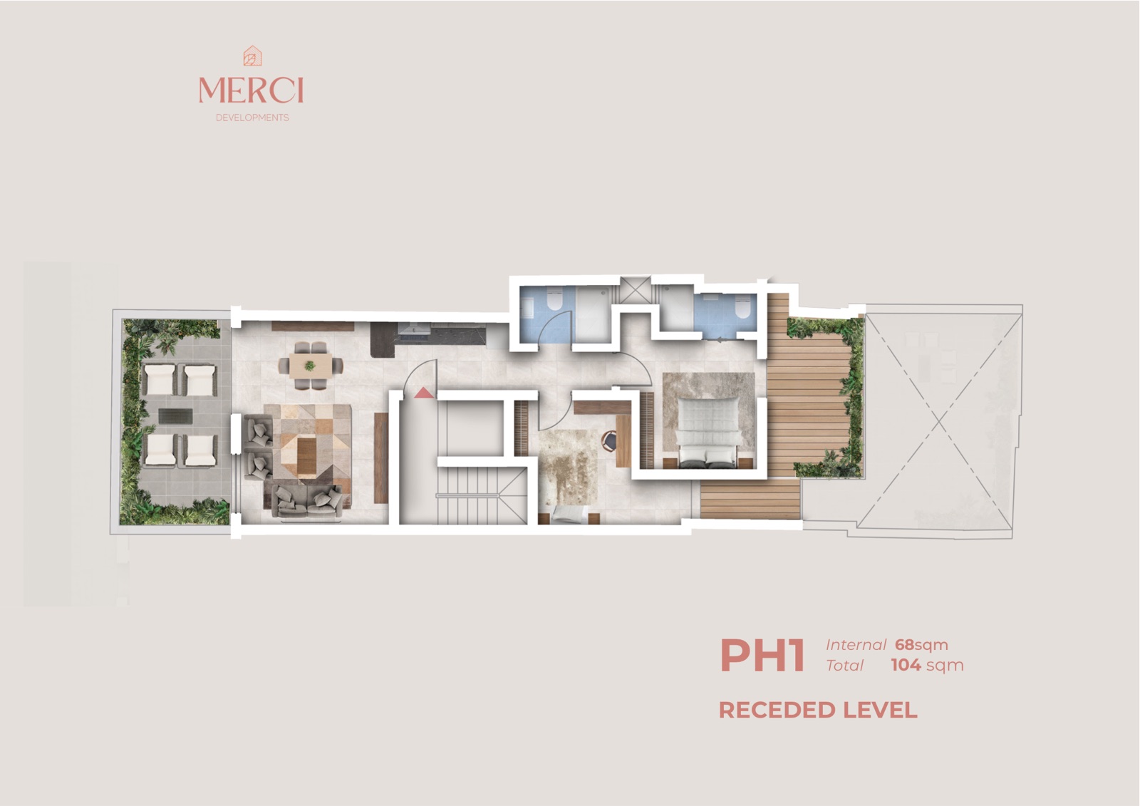 PH1 · Receded level - 68 m² internal / 104 m² total